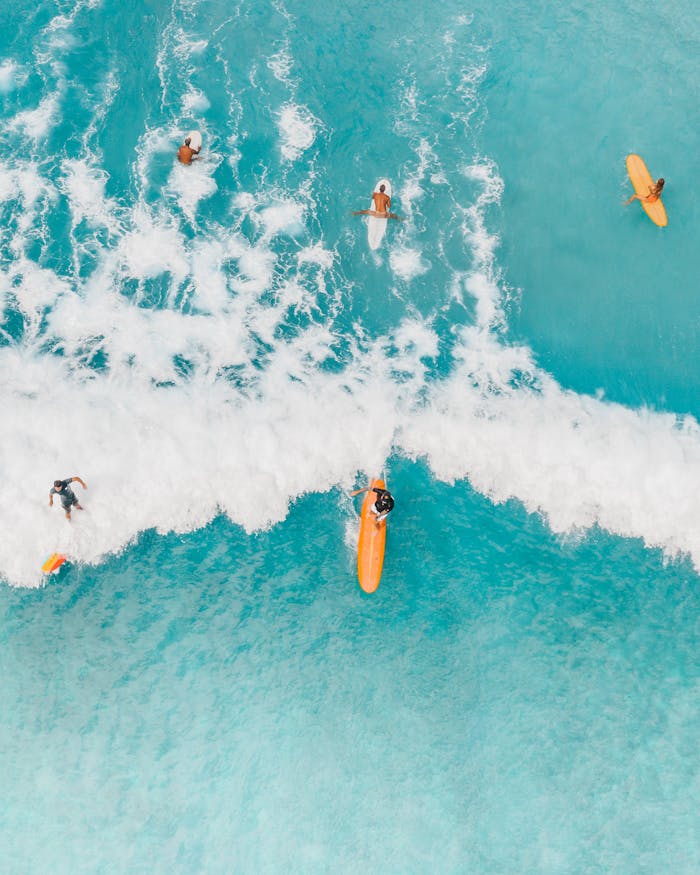 Top view of surfers catching waves in clear turquoise waters. Aerial shot capturing the essence of adventure and nature.